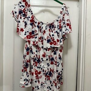 Woman Within Red and Blue Floral Blouse